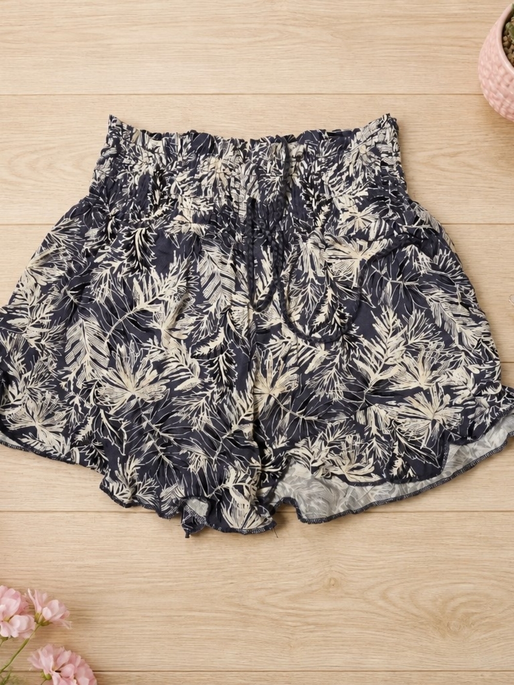 Sincerely Jules Navy and Cream Tropical Smocked Waist Shorts